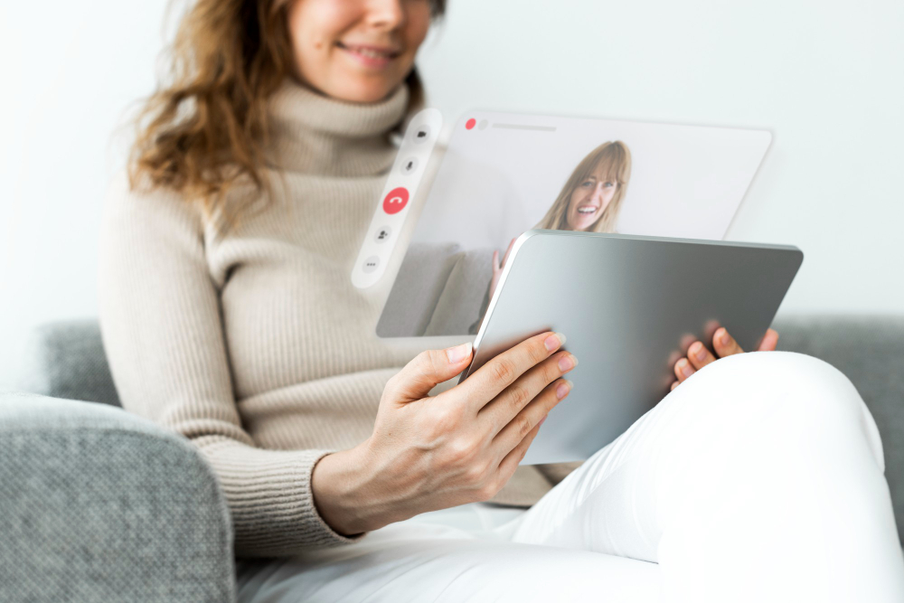 Mujer con tablet en videollamada